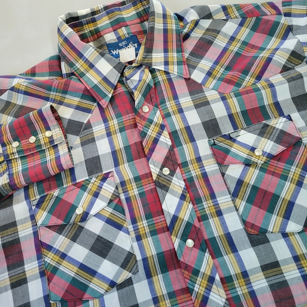 Vtg Wrangler Western Mens L Pearl Snap Plaid‎ Long Sleeve Cowboy Rodeo Shirt